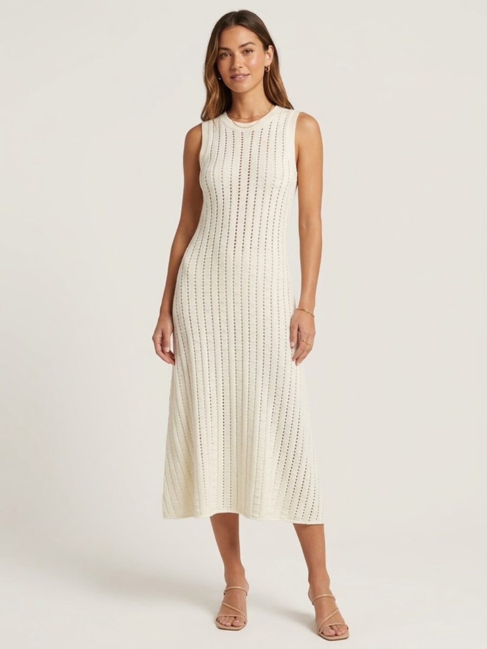 By Together Cream Crochet Pointelle Open Knit Midi Tank Dress Sleeveless Small